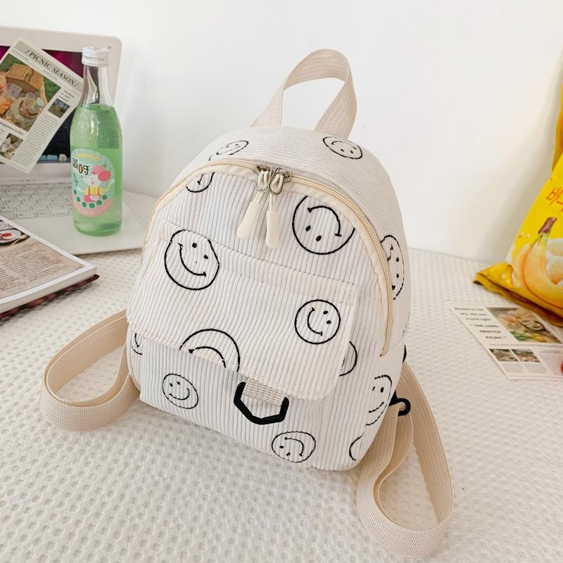 Smiley Face Cotton Backpack for Women, Soft Wavy Quilted Shoulder Bag with Handle, Street Style Casual Daypack