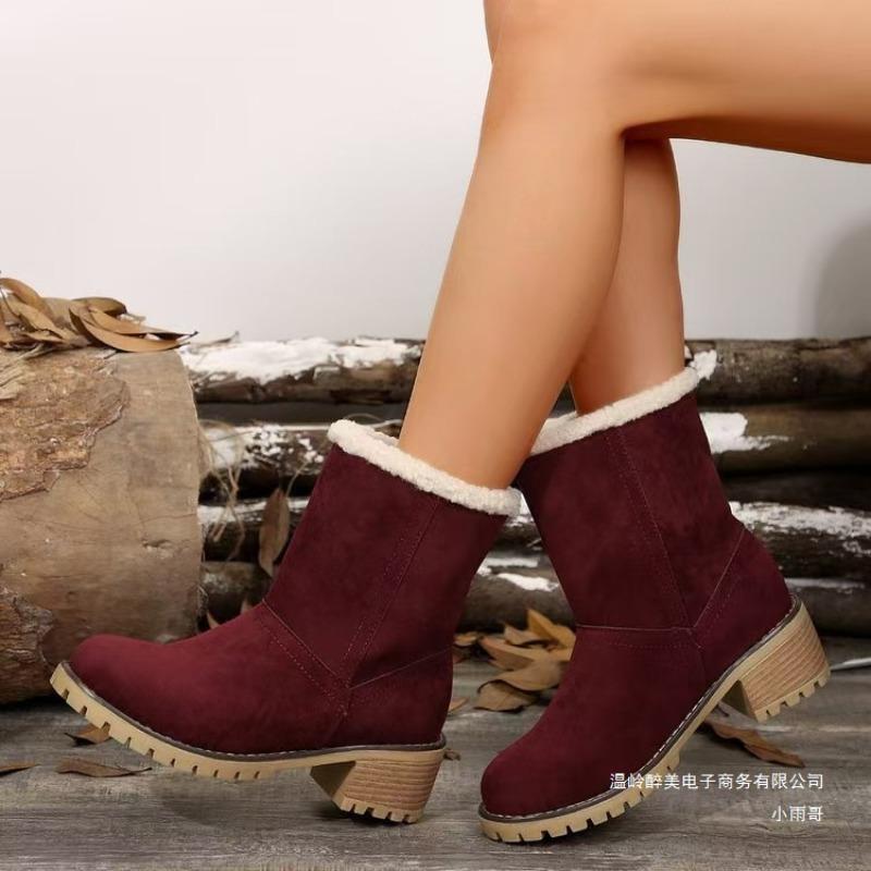 Foreign trade short tube velvet medium heel snow boots women's fur integrated women's cotton boots winter thickened large size flip cotton boots