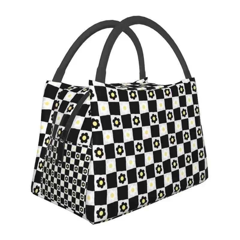 Cute Checkerboard Cat Pattern Thermal Insulated Lunch Bags Women Checkered Lunch Tote for Outdoor Picnic Storage Meal Food Box