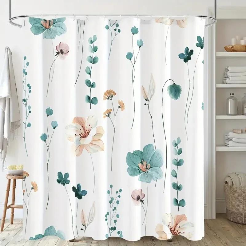 1pc Modern Watercolor Floral Shower Curtain Set with Hooks - Waterproof and Minimalist Design for Bathroom Custom shower curtain
