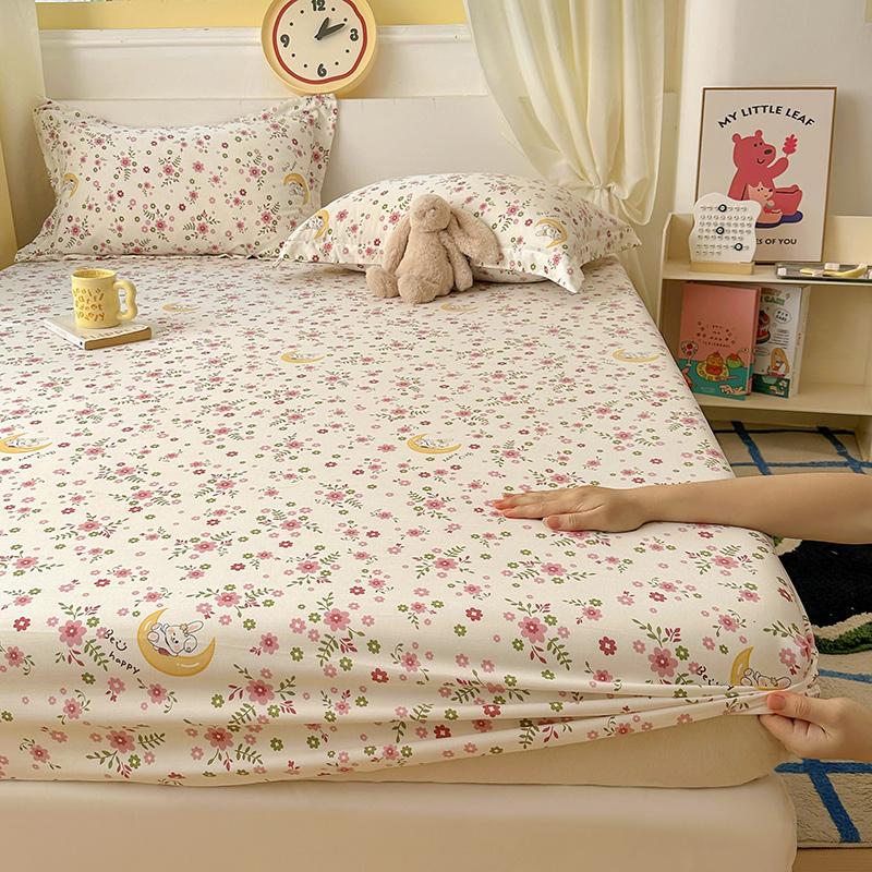 

1pc Flower Printed Fitted Bed Sheet Washed Cotton Cartoon Bedsheet featuring Elastic designed for Kids Single/Queen/King Mattress Protector Single90x200x25cm1pc