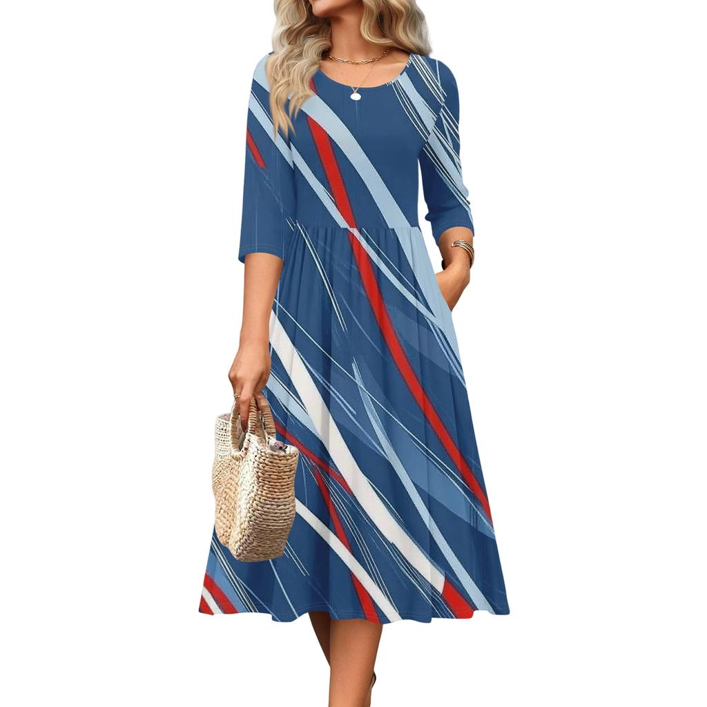 Women's Casual Round Neck Midi Dress Three Quarter Sleeve Waist Cinched Independent Day Style Spring Autumn Dress