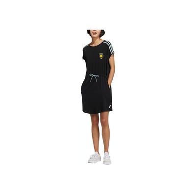 Neo Smiley Face Print Striped Fitted Waist Short Sleeve Dress Women Dresses Black GP5778