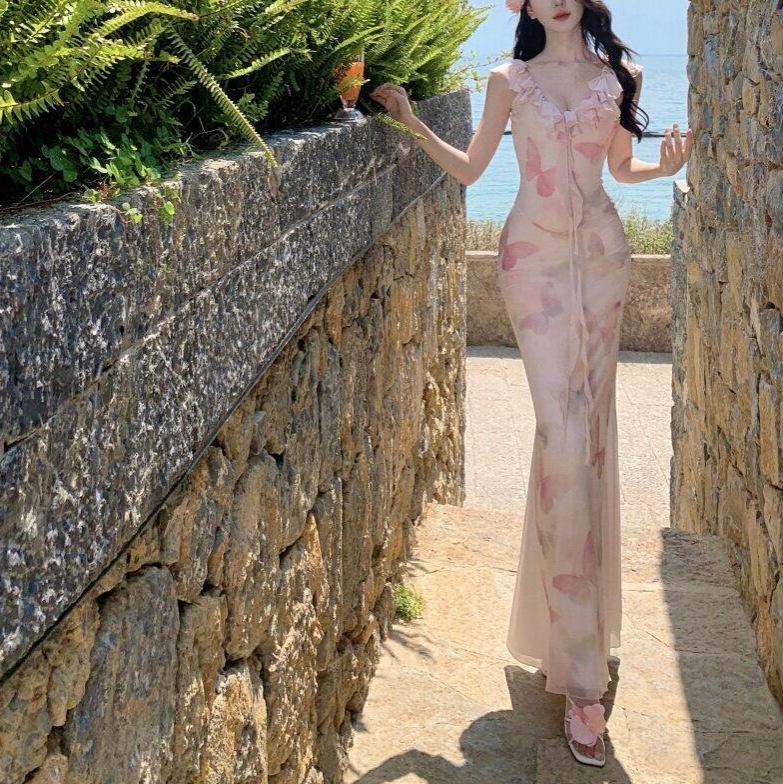 Tea Break French Pink Floral Floral V-neck Spaghetti Strap Dress Is Gorgeous, Stunning Waist-tightening and Hip-hugging Elegant Long Dress