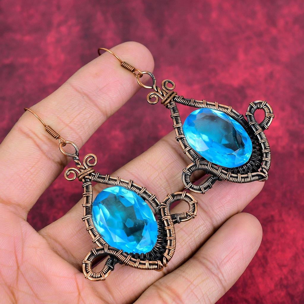 Faceted swiss blue topaz earring copper wire wrapped earring handmade copper jewelry gemstone earrings gifts for mother wire wrapped jewelry