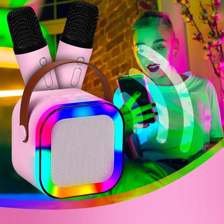 Zestaw Do Karaoke 2X Mikrofon Bezprzewodowy Przenośny Bluetooth Głośnik Rgb