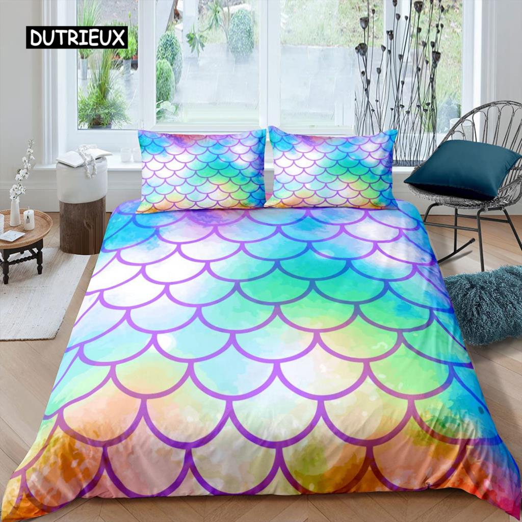 Fish Scales Duvet Cover Set Bedding Set Colorful Mermaid Scale Quilt Cover Pillowcase Queen Size Girls 2/3pcs Comforter Cover