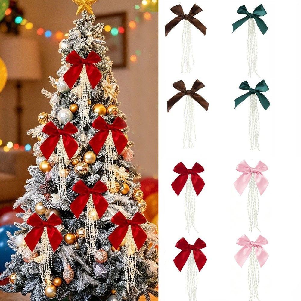 DIY Bowknot Pearl Hanging Pendant Ribbon Christmas Tree Topper Holiday Accessories