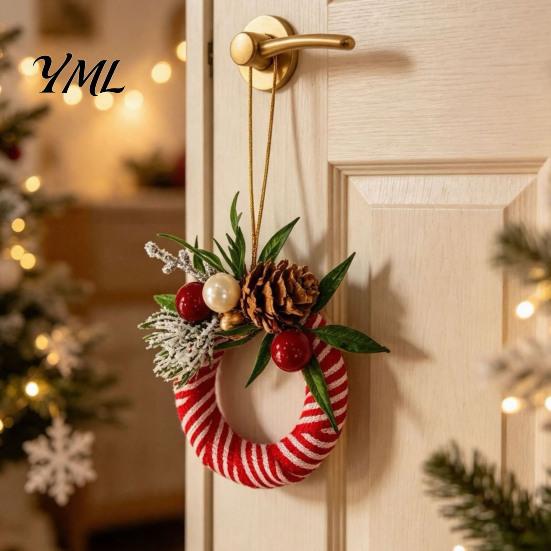 Retro Holiday Ornaments Mini Christmas Wreath Ornament, Miniature Artificial with Bow, Bow Pinecone, Xmas Tree Hanging for Party Seasonal Decor