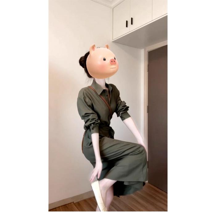 

Green polo collar shirt dress children open autumn light autumn wear professional waist temperament dress S