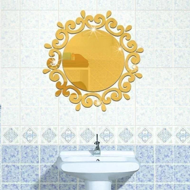 Adesivos de Parede 3D DIY Espelho Decalque de Banheiro Acrílico Decoração de Casa Cor Prata e Dourada Decorações de Parede Adesivo de Parede