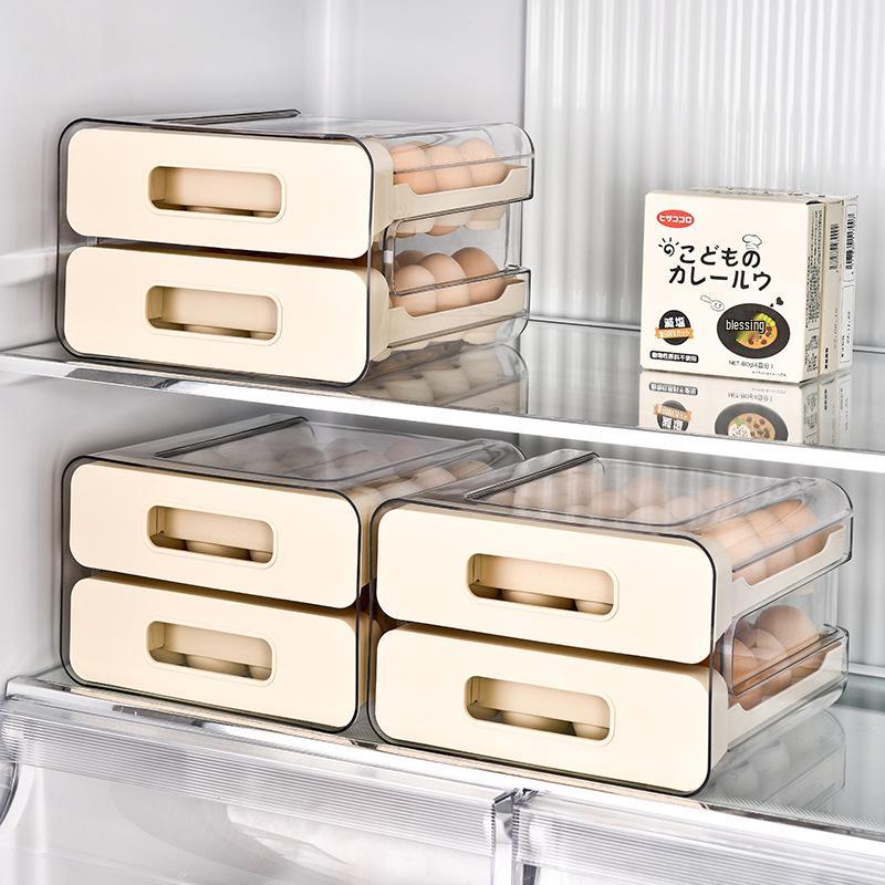 Double-Layer Kitchen Egg Holder Drawer – Fresh-Keeping Plastic Storage Box for Refrigerator.
