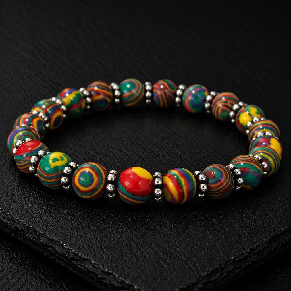 Bracciale Elastico Unisex Fatto a Mano con Perline Curative in Pietra Naturale Calsilica Arcobaleno da 8 mm, 7,5" Per Regalo CSB-12