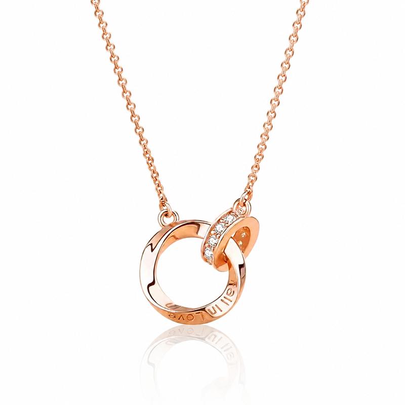 Fall In Love Interlocking Circles Pendant Necklace Women Rose Gold Silver Double Ring CZ Pendant Jewelry Gift for Anniversary Valentine's Day Daily