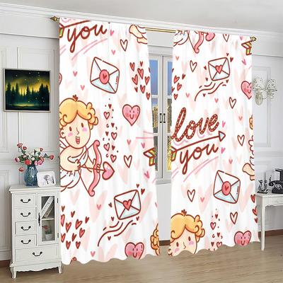 2 piezas - Cortina con estampado LOVE para el Día de San Valentín 100% poliéster, adecuada para la decoración del hogar (excluyendo postes de luz)