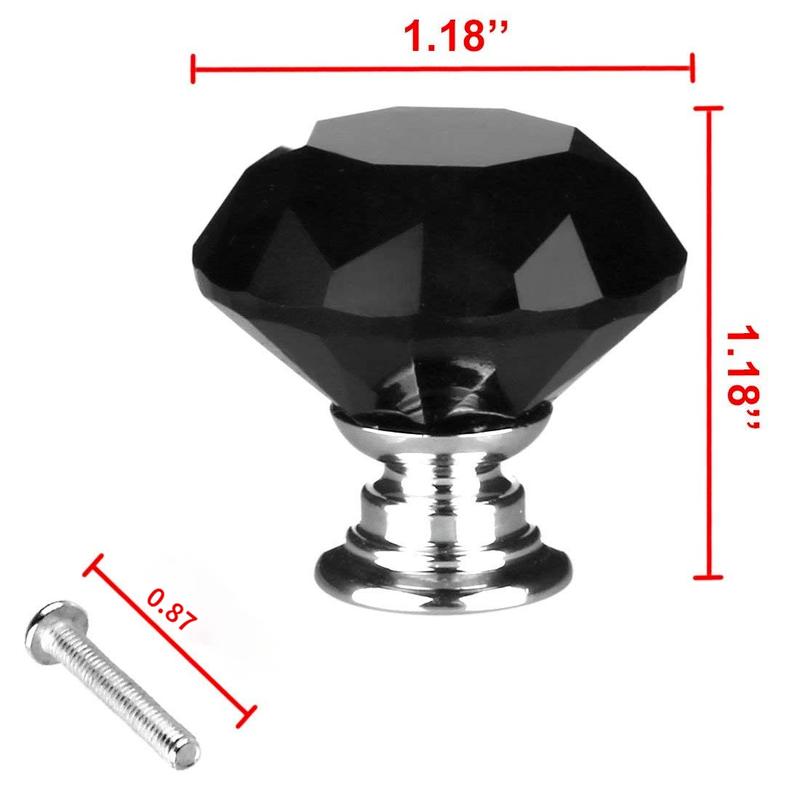 Maniglia per porta dell'armadio da cucina, cassetto, armadio, comò, guardaroba, a forma di diamante nero, in cristallo da 30 mm, con viti