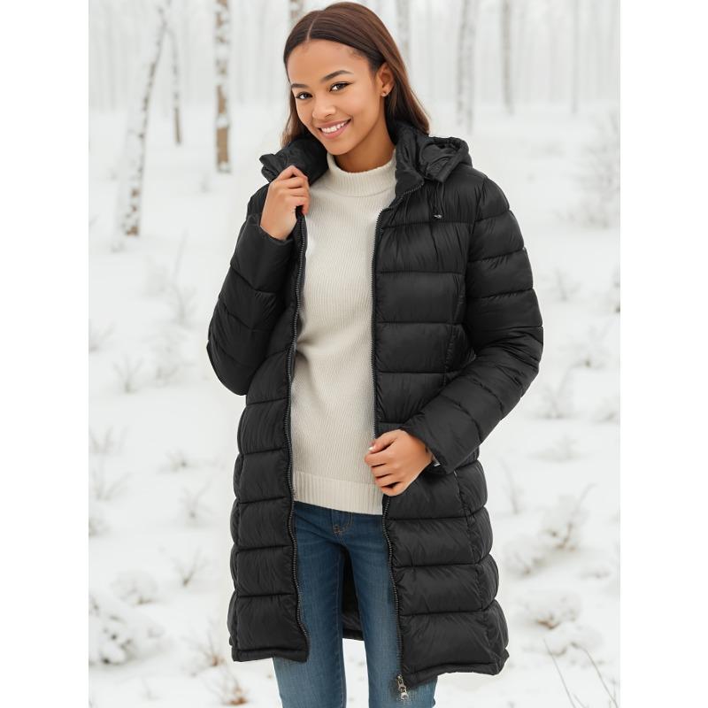 Women Autumn Winter Hooded Padded Warm Solid Color Medium Long Cotton Coat