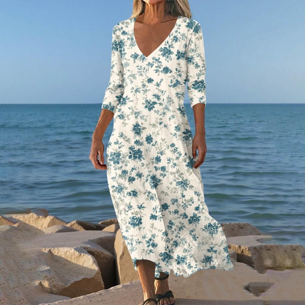 Sukienki Damskie Sukienka Midi z Tuniką w Stylu Vintage z Nadrukiem, z Wcięciem w Talii, Letnia Codzienna Sukienka z Rękawem 3/4