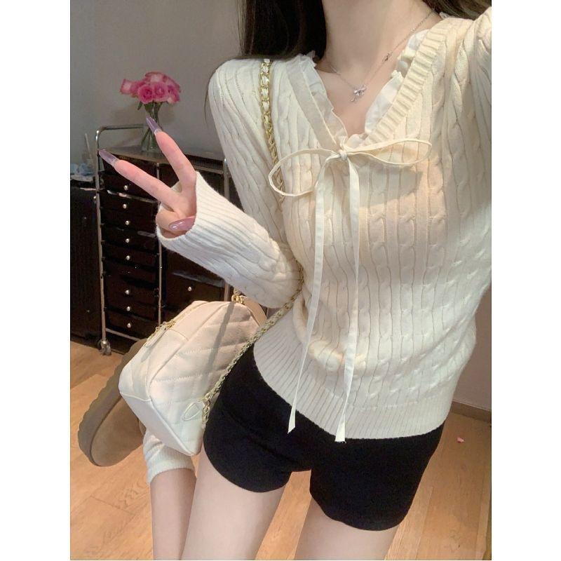 

New twist knot tie-up neck knitted sweater women s spring inner slim-fit bottoming shirt long-sleeved top average size бежевый
