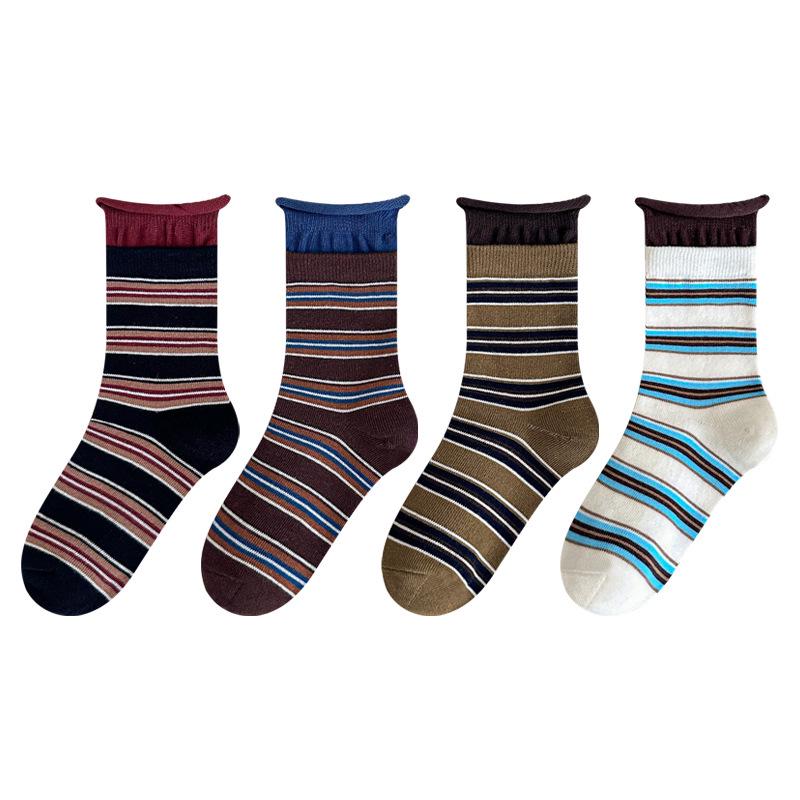 Meilade Autumn 2025 Striped Double Ribbed Socks for Women & Kids - 4 Pack