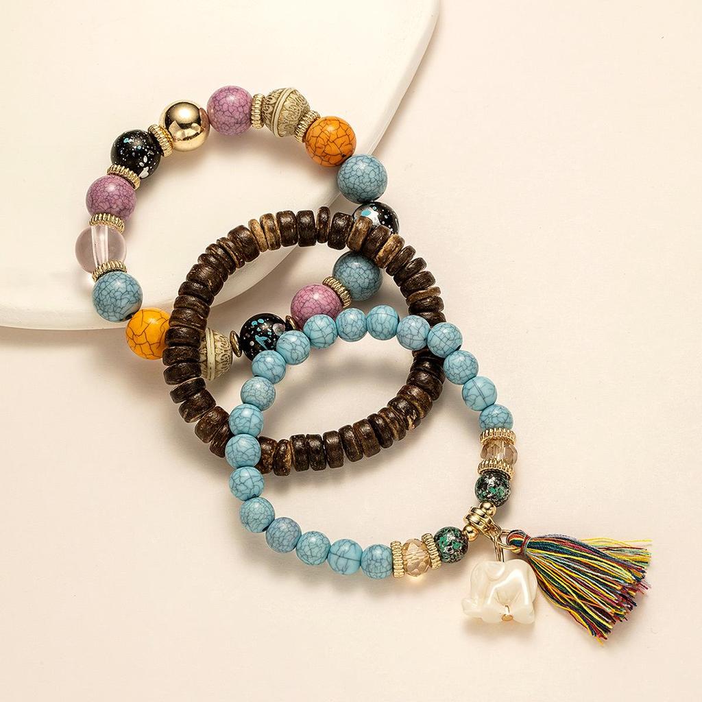 Bohemian Elephant Tassel Multi-Layer Wood Bead Bracelet