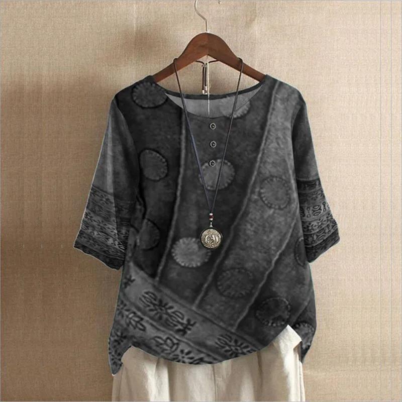Ethnic Style Women's O Neck Digital Vintage Print Loose Shirt Oversized Half Sleeve Blouses Women Harajuku Casual Pullover