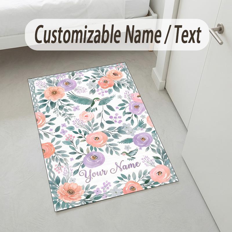 Floral Horse Theme Soft Crystal Velvet Rug Custom Name & Text Print Non Slip Floor Rug for Bedroom Living Room