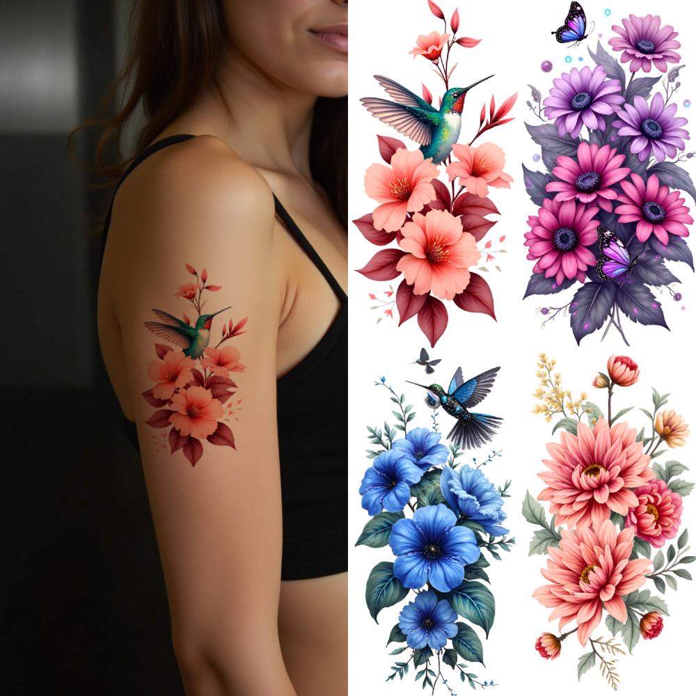 12pcs Temporary Tattoo Floral Tattoos Waterproof Long-lasting Body Stickers Hummingbird Tattoos Butterfly Tattoos For Thighs