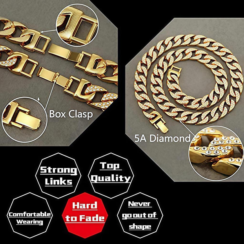 14 mm Herren-Halskette „Iced Out“, Hip Hop, goldfarben, CZ, Miami, kubanische Gliederkette, Halsband-Halskette, 45,7–71,1 cm