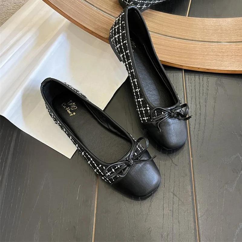 Fashion Patchwork Bowknot Flats Women Square Toe Soft Sole Single Shoes Woman Non Slip Ballet Flat Shoes