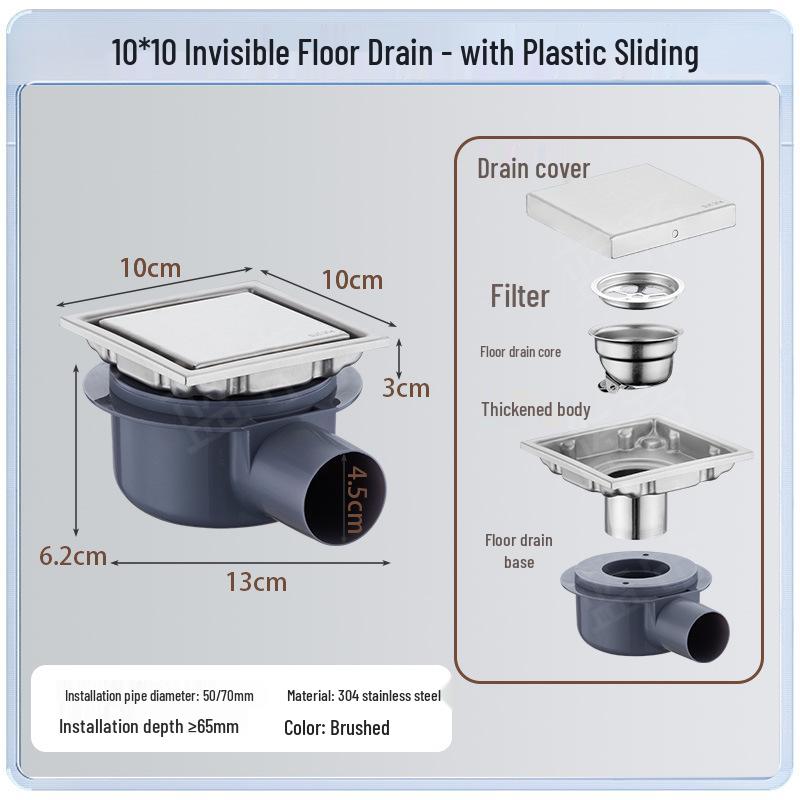 15x15 Odor-Proof Invisible Floor Drain, 304 Stainless Steel, Concealed for Bathroom or Shower Room
