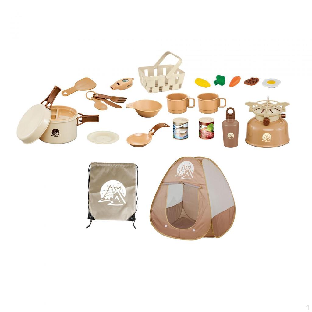 25 Pieces Kids Camping Gear Set Pretend Play Campfire Food with Tent Toy BBQ Grill