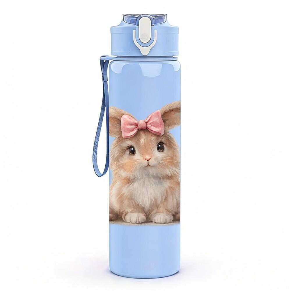 1PC Bow Ear Brown Bunny Animal Print 750ml Color Plastic Sports Water Bottle Leakproof Flip Straw Lid Suitable for Sports Office Home Use