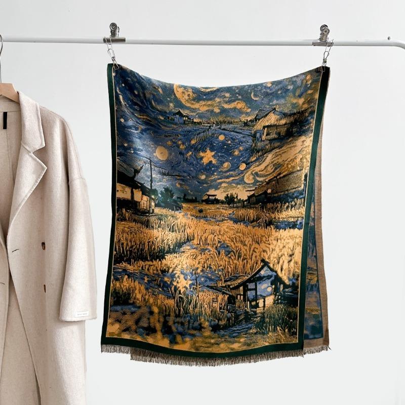 Winter retro cashmere scarf female designer Monet oil painting style scarf warm and cold new shawl