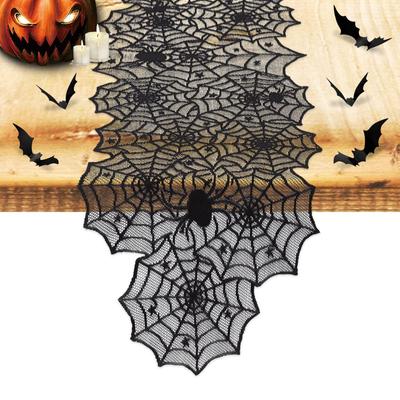1 Stück Halloween Dekoration Tischläufer, Spinnennetz Schwarze Spitze Tischläufer für Küchentisch, Esstisch, Halloween Dekoration Innen