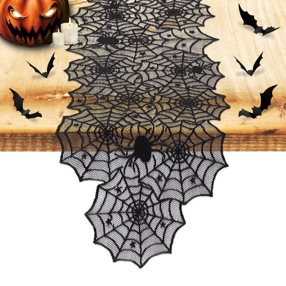 1pc Halloween Decoration Table Runner,Spider Web Black Lace Table Runner for Kitchen Dinner Table,Halloween Decoration Indoor