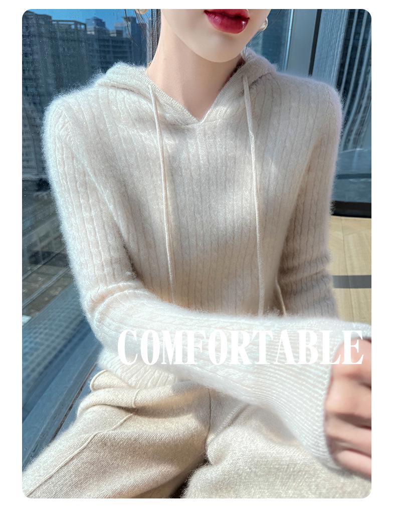 Damen Oversize Zopfstrick-Wollpullover mit Kapuze und Kordelzug: Herbst/Winter Pullover im literarischen Stil