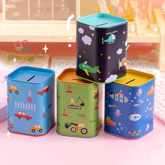 Square Tinplate Piggy Bank Cartoon Coin Cash Storage Jar Container Children Money Saving Box Decoration Boys Girls Gift