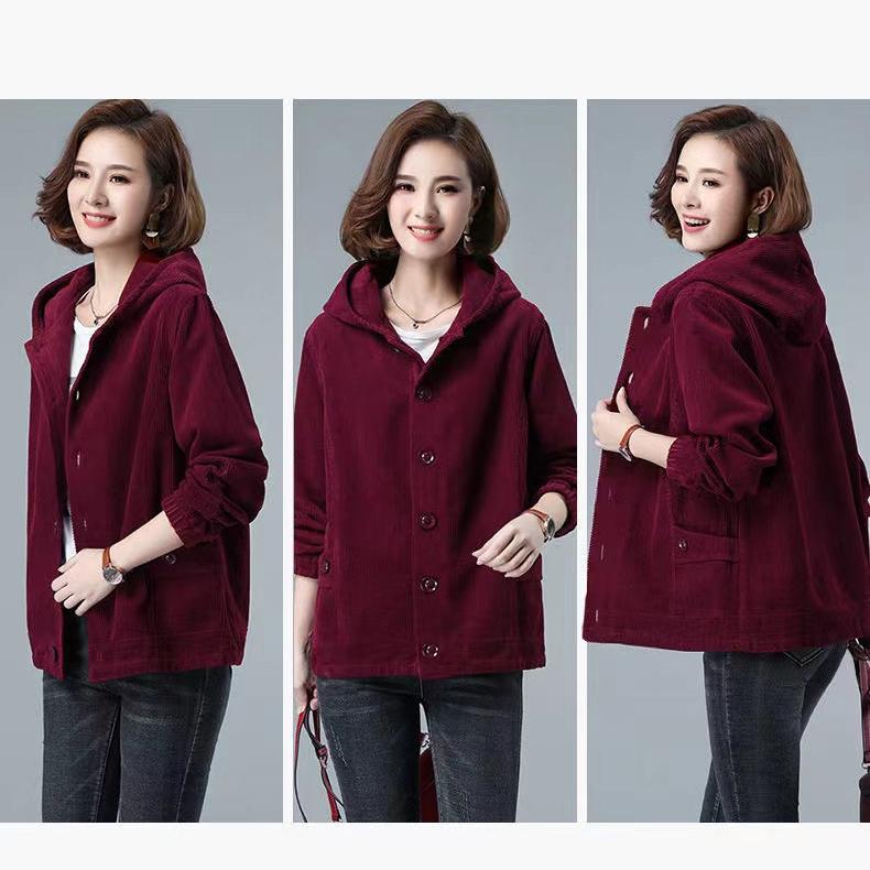 Corduroy Short Coat Women's Spring Autumn Loose Hooded Jacket Fashion Casual Coat