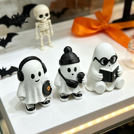 Cute Ghost Decor Halloween Figurine, Holding Coffee/Book/Record Resin Statue, Trendy Interior Soft Furnishings Spooky Tabletop Ornament for