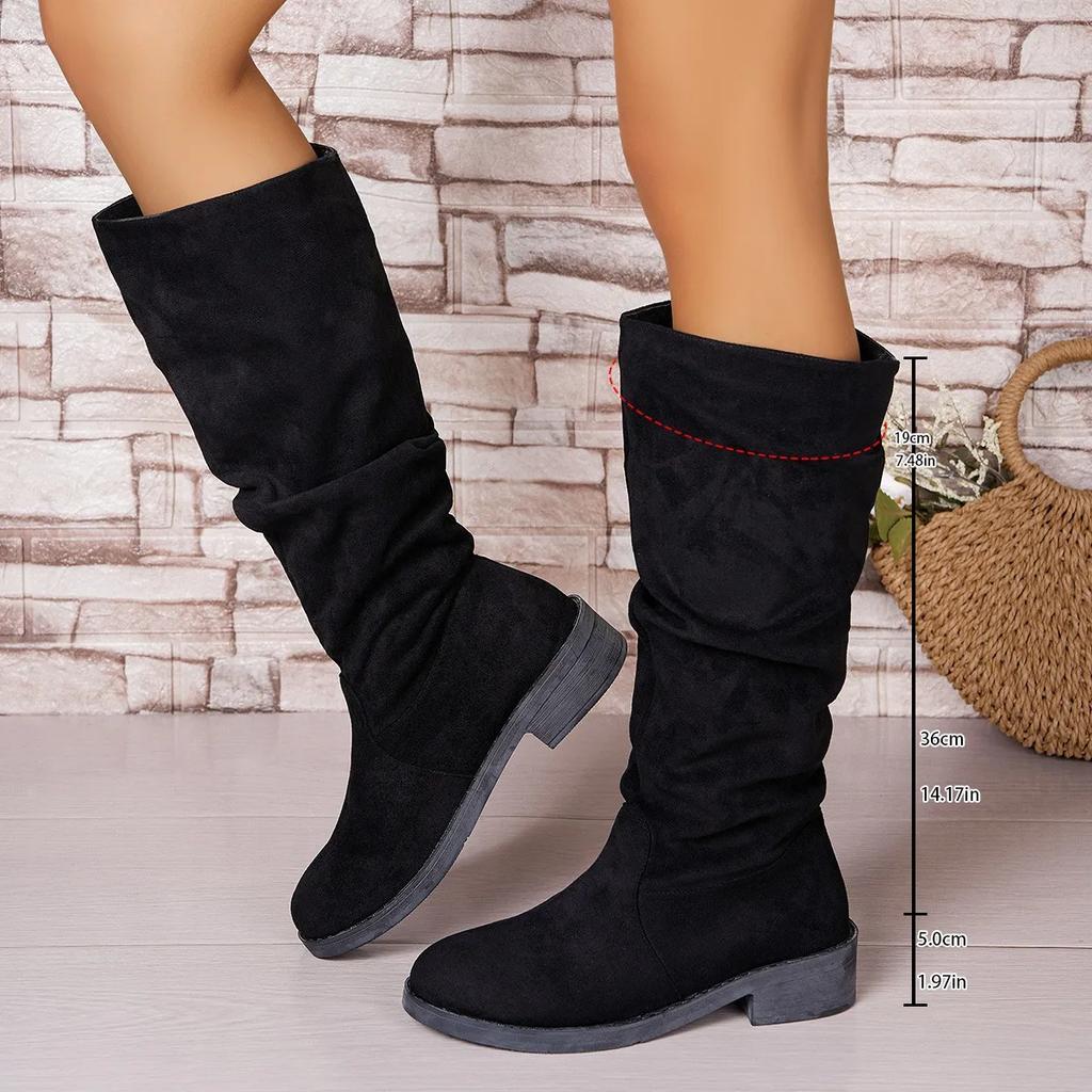 Faltenstiefel Damen Kunstwildleder Beflockt Knielang Winter Damenmode Zum Hineinschlüpfen Quadratischer Niedriger Absatz Ritter Stiefel