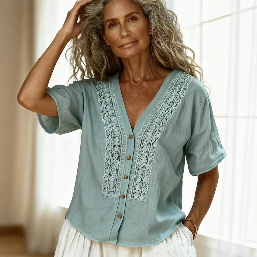 Bohemian V-Neck Short Sleeve Blouse with Crochet Lace Detail