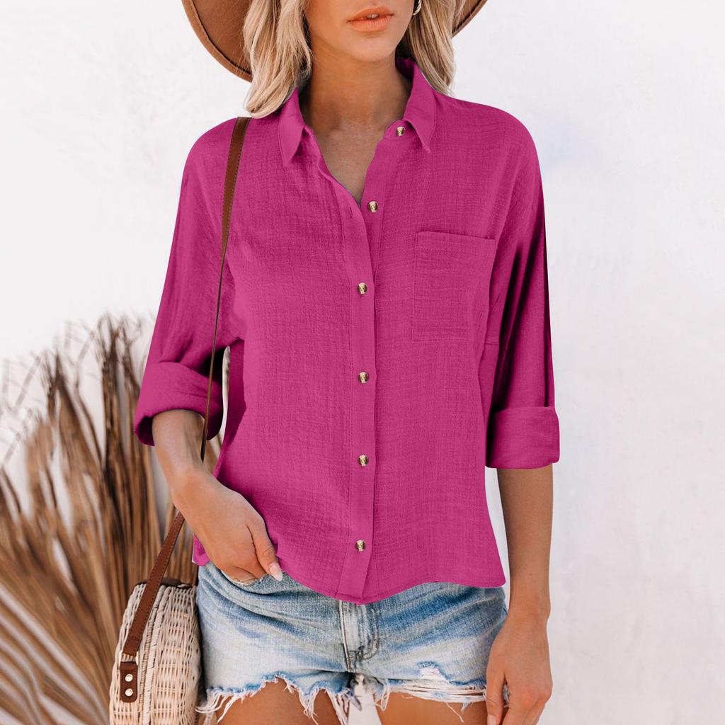 Women's Loose Cotton Linen Solid Color Long Sleeve Cardigan Irregular Pocket Shirt Top