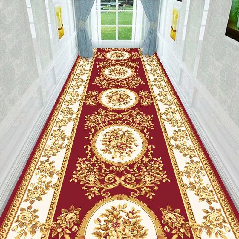 Red European Luxury Easy Clean Long Corridor Carpet Non-slip Lint-free Classical Hallway Rug Wedding Soft Passageway Floor Mat
