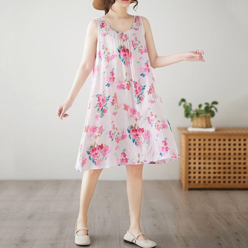 

Без рукавов Плюс размер Хлопок винтажный цветочный новый в платьях для женщин повседневный свободный миди летнее платье XXL