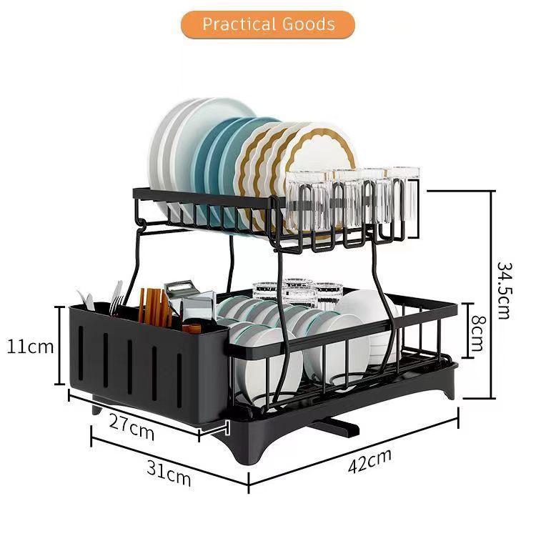 Double-Layer Kitchen Storage Rack: Countertop Bowl, Plate, Cup, and Utensil Holder with Draining Function