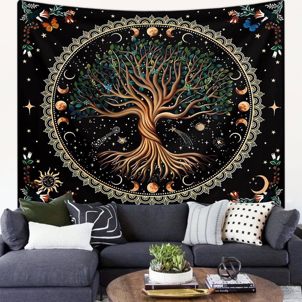 1pc Life Tree Tapestry, Moon Phase Tapestry, Bohemian Wind Starry Sky Tapestry, Fantasy Universe Planet Tapestry