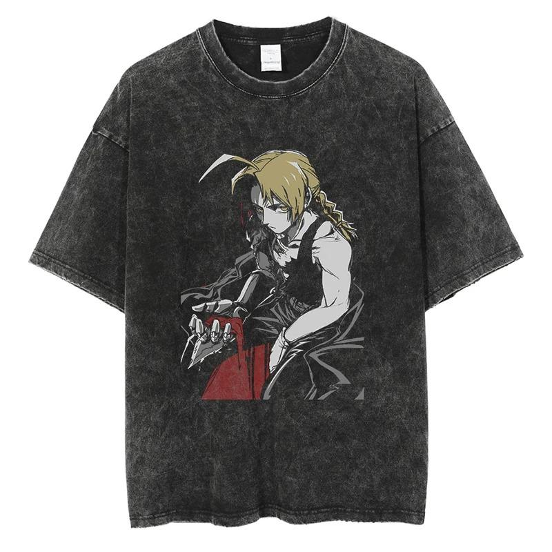 Japonia Anime Mustang Roy Anime Fullmetal Alchemist Manga Graficzny Nadruk Koszulka Męska Damska Harajuku Vintage Sprana Bawełna Luźny Top Letni Nowy T-shirt