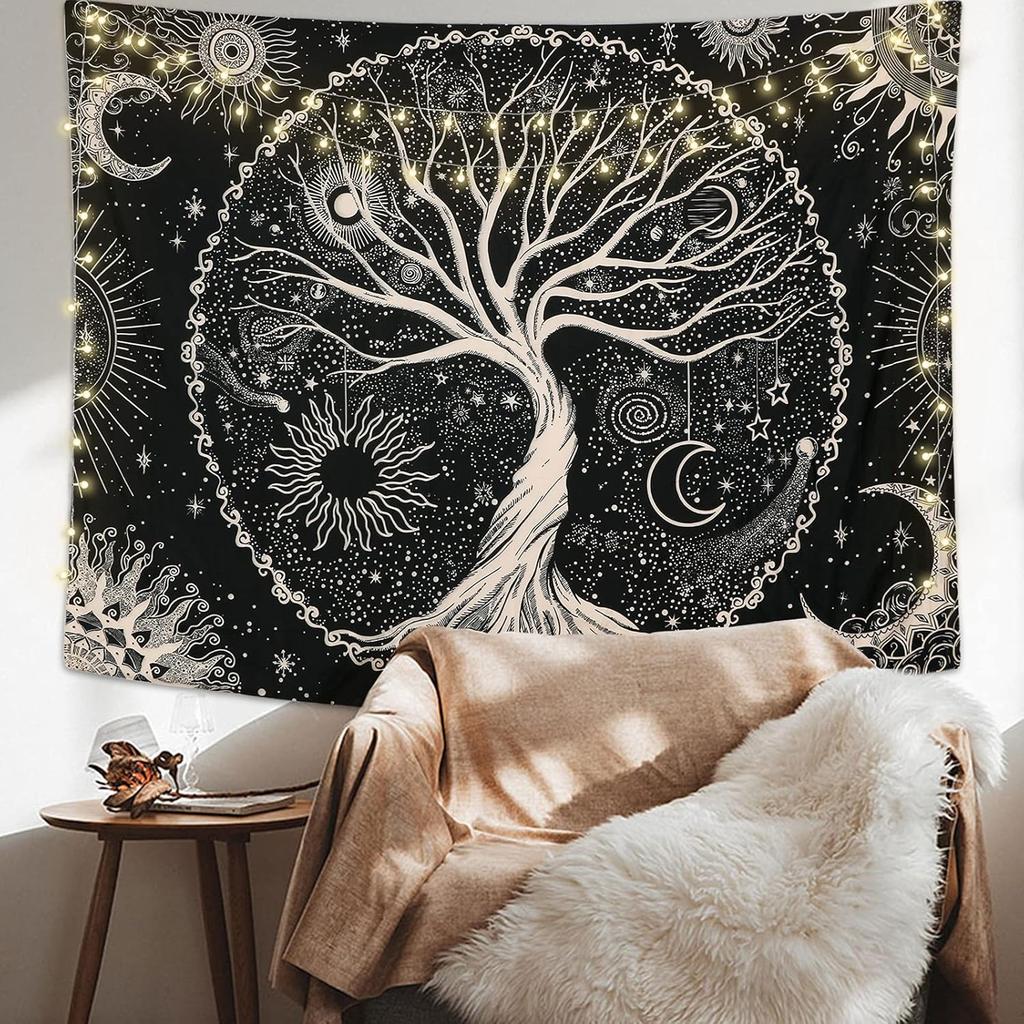 Bohemian Celestial Tree of Life Tapestry Wall Hanging Cosmic Stars Boho Zodiac Moonlight Decor Polyester Art Print