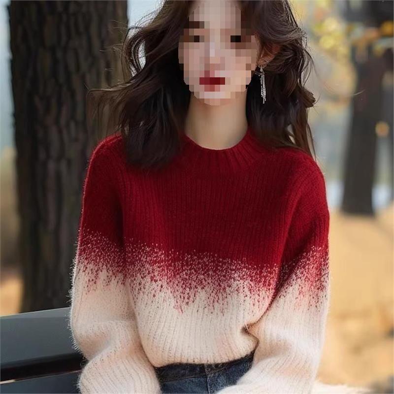 Ankela Women's Red Apricot Gradient Round Neck Winter Sweater - Stylish Knitwear Top